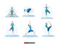 Yoga poses set. Yoga Lifestyle. Man and woman doing yoga. Activity. Fitness. Royalty Free Stock Photo